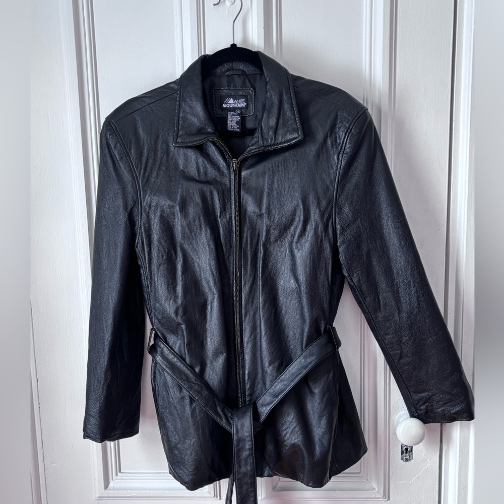 Women’s White Mountain Black Leather Zip Front Tie Waist Lined Jacket Size Large